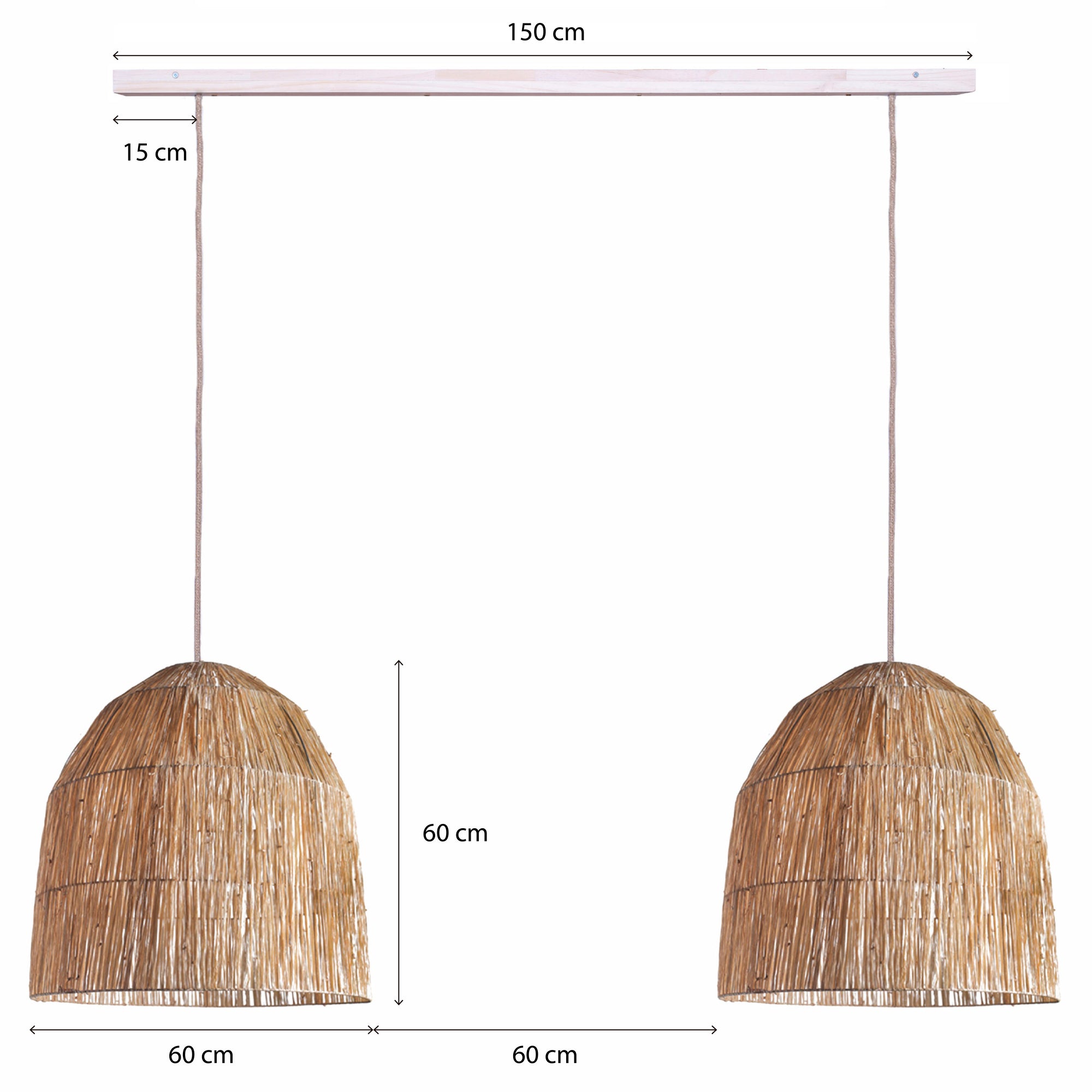 Lámpara Colgante Jaula Rafia en Barra Madera